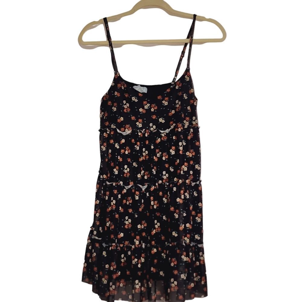 Sky & Sparrow dress black floral print tiered sheer overlay Whimsigoth M